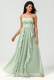 Strapless A Line Chiffon Groene Bruidsmeisjesjurk met Geplooid