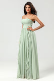 Strapless A Line Chiffon Groene Bruidsmeisjesjurk met Geplooid