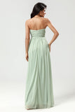 Strapless A Line Chiffon Groene Bruidsmeisjesjurk met Geplooid