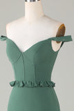 Eucalyptus Off the Shoulder Corset Lange Bruidsmeisjesjurk