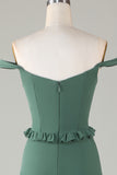 Eucalyptus Off the Shoulder Corset Lange Bruidsmeisjesjurk