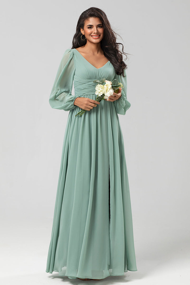 Afbeelding in Gallery-weergave laden, Een lijn groene lange mouwen bruidsmeisje jurk met split