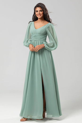 Een lijn groene lange mouwen bruidsmeisje jurk met split