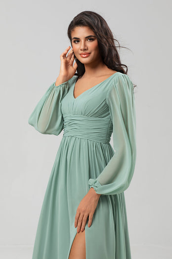 Een lijn groene lange mouwen bruidsmeisje jurk met split