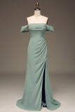 Stoffige salie Off the Shoulder schede chiffon geplooide lange bruidsmeisjesjurk