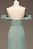 Stoffige salie Off the Shoulder schede chiffon geplooide lange bruidsmeisjesjurk