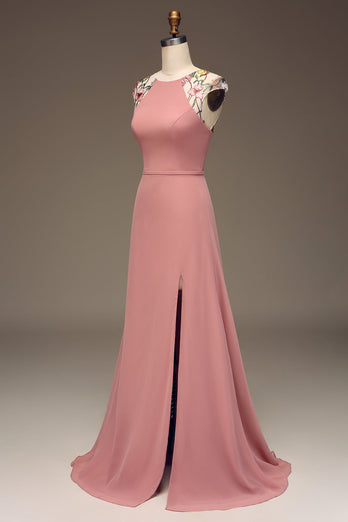 Dusty Rose A-lijn chiffon en borduurwerk Maxi bruidsmeisje jurk