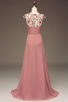 Dusty Rose A-lijn chiffon en borduurwerk Maxi bruidsmeisje jurk