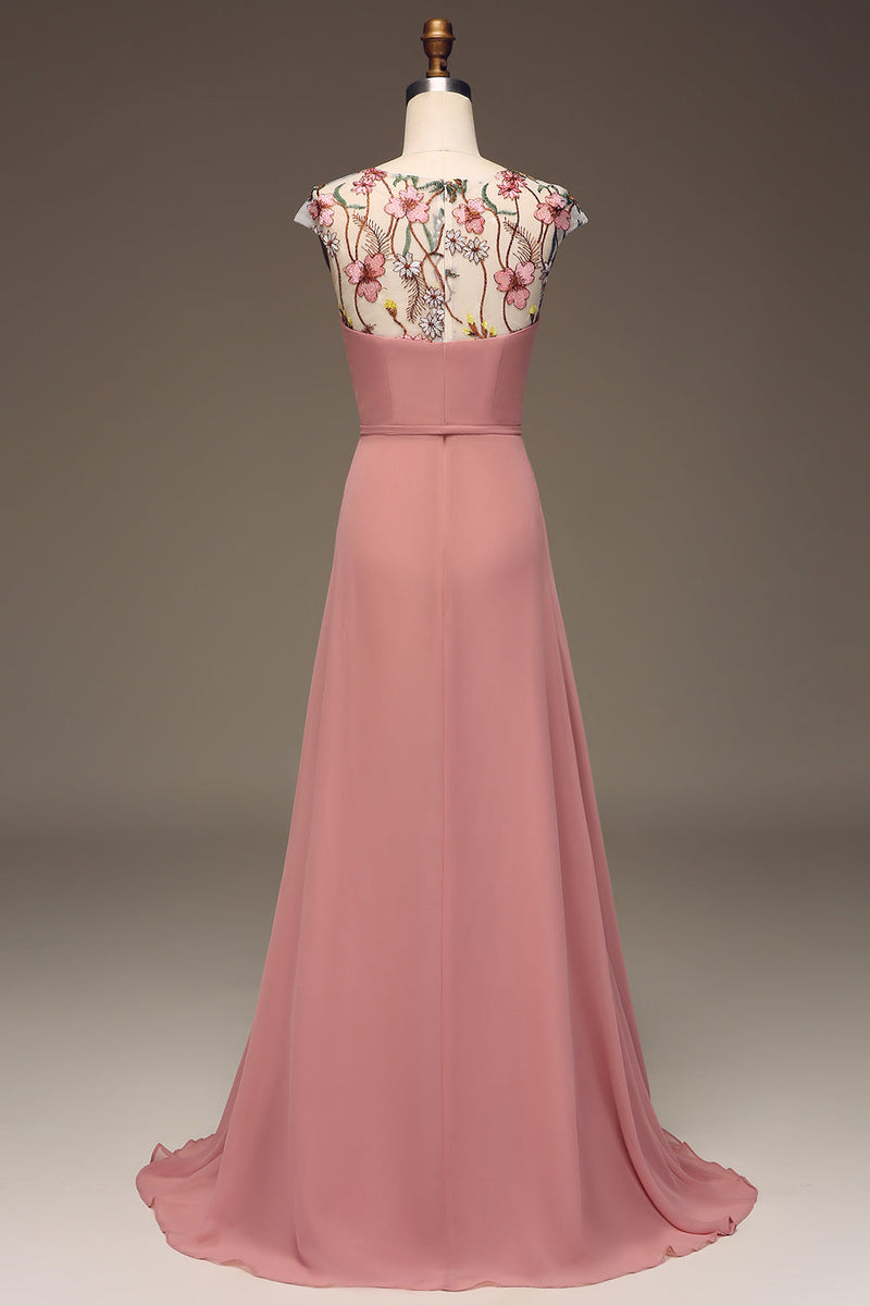 Afbeelding in Gallery-weergave laden, Dusty Rose A-lijn chiffon en borduurwerk Maxi bruidsmeisje jurk