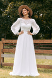 Ivoor Bateau Chiffon lange Boho trouwjurk met kant
