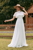 Vintage ivoor chiffon Boho trouwjurk met kant