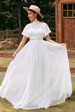 Vintage ivoor chiffon Boho trouwjurk met kant