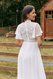 Vintage ivoor chiffon Boho trouwjurk met kant