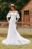 Ivoor zeemeermin Lace Sweep trein trouwjurk met mouwen