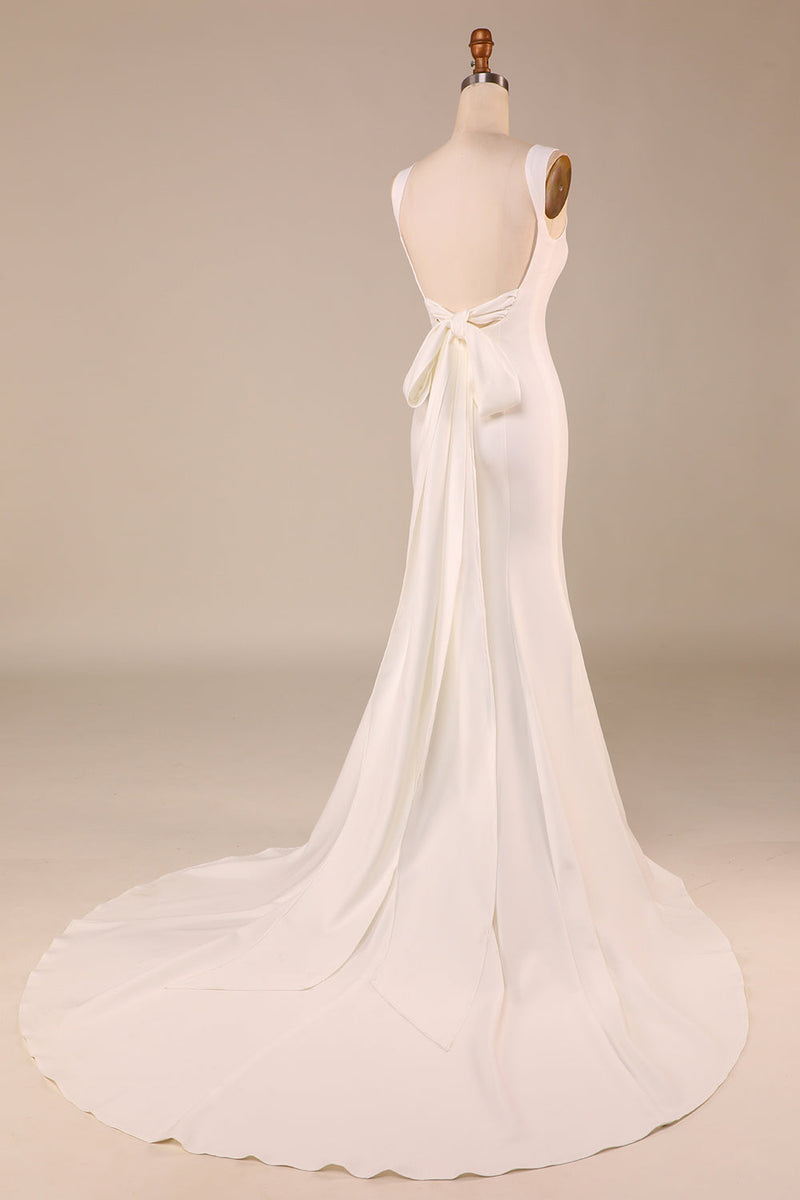 Afbeelding in Gallery-weergave laden, Eenvoudige ivoren zeemeermin trouwjurk met rug bowknot