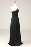 Zwarte A-lijn Chiffon One Shoulder Floor Length Bruidsmeisje Jurk