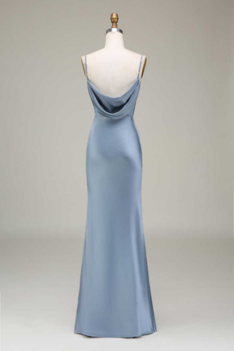Afbeelding in Gallery-weergave laden, Stoffige blauwe schede Spaghetti bandjes satijnen lange bruidsmeisje jurk