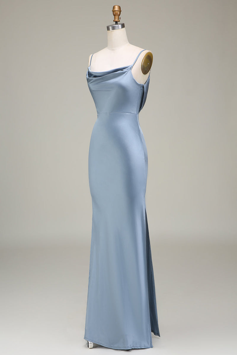Afbeelding in Gallery-weergave laden, Stoffige blauwe schede Spaghetti bandjes satijnen lange bruidsmeisje jurk