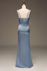 Afbeelding in Gallery-weergave laden, Stoffige blauwe spaghettibandjes schede satijnen geplooide bruidsmeisjesjurk