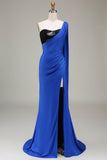 Koningsblauwe One Shoulder satijn en pailletten zeemeermin geplooide Prom jurk met split