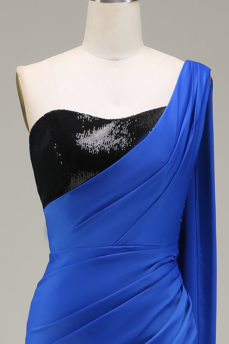 Afbeelding in Gallery-weergave laden, Koningsblauwe One Shoulder satijn en pailletten zeemeermin geplooide Prom jurk met split