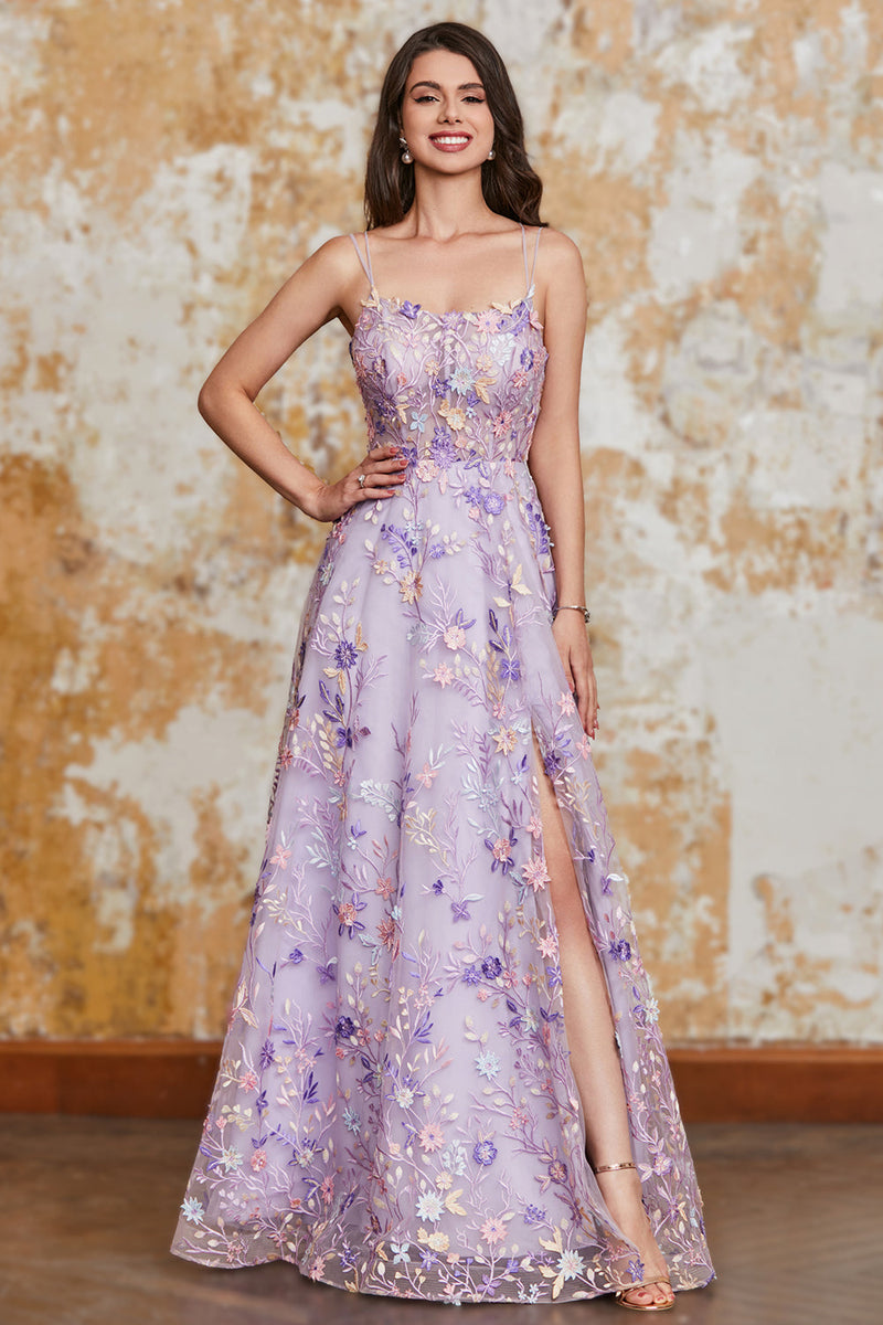 Afbeelding in Gallery-weergave laden, Prachtige A-lijn Spaghetti bandjes licht paarse lange Prom jurk met Appliques