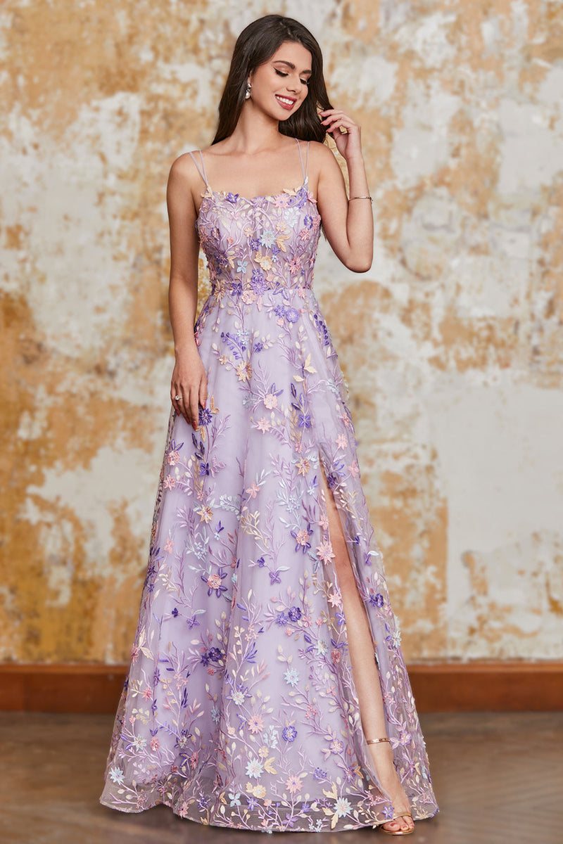 Afbeelding in Gallery-weergave laden, Prachtige A-lijn Spaghetti bandjes licht paarse lange Prom jurk met Appliques