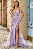 Mauve Off The Shoulder Split Front Lange Zeemeermin Prom Jurk Met Appliques
