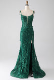 Donkergroene zeemeermin Spaghetti bandjes lange Prom jurk met Appliques