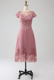 Dusty Rose A-lijn Scoop Illusion Thee-lengte Moeder van de Bruid Jurk Met Pailletten
