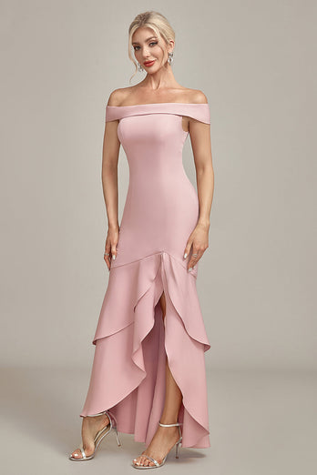 Roze zeemeermin asymmetrische gegolfde moeder van de bruid jurk
