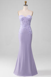 Lila schede strapless korset galajurken met kanten appliques