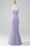 Lila schede strapless korset galajurken met kanten appliques