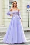 Prachtige A Line Off the Shoulder lavendel korset Prom jurk met Appliques