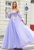 Afbeelding in Gallery-weergave laden, Prachtige A Line Off the Shoulder lavendel korset Prom jurk met Appliques