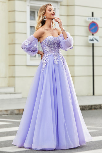 Prachtige A Line Off the Shoulder lavendel korset Prom jurk met Appliques