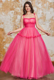 Prinses A Line Spaghetti Bandjes Fuchsia Lange Prom Jurk met Ruches