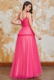 Prinses A Line Spaghetti Bandjes Fuchsia Lange Prom Jurk met Ruches