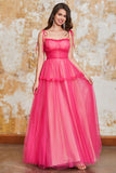 Prinses A Line Spaghetti Bandjes Fuchsia Lange Prom Jurk met Ruches