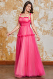 Prinses A Line Spaghetti Bandjes Fuchsia Lange Prom Jurk met Ruches