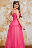 Prinses A Line Spaghetti Bandjes Fuchsia Lange Prom Jurk met Ruches