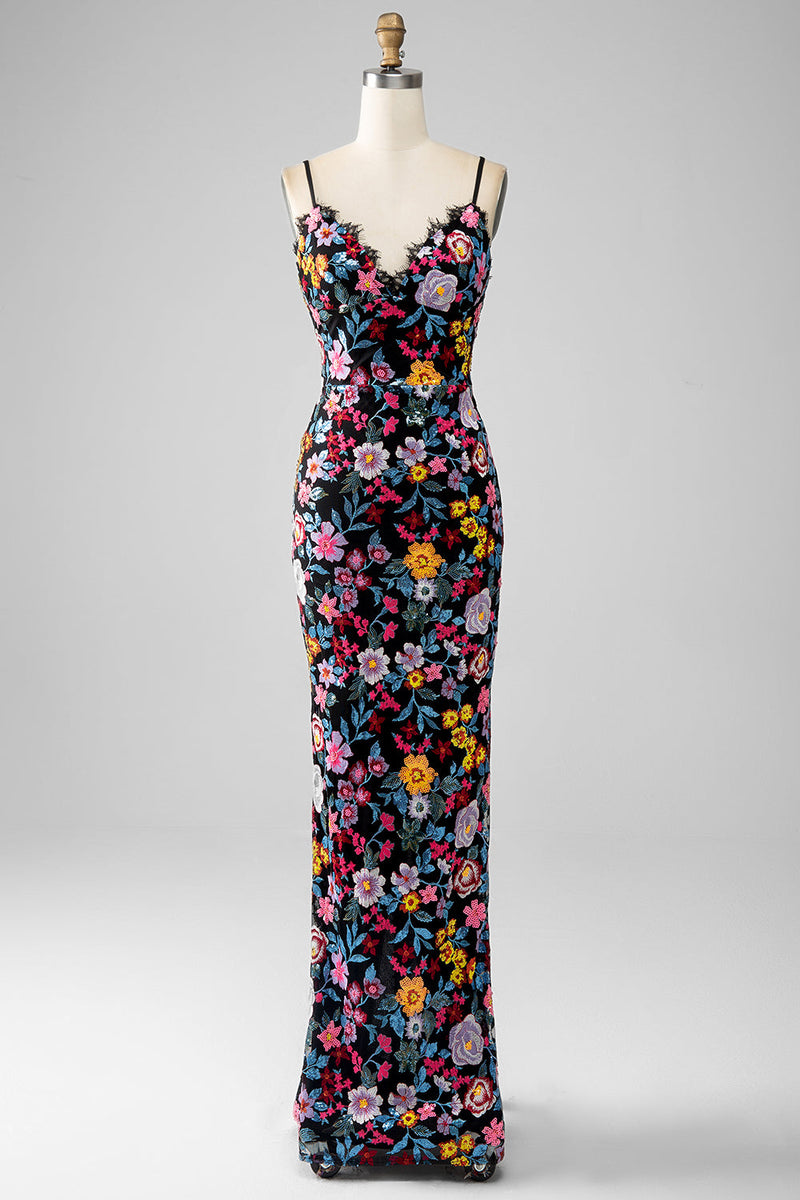 Afbeelding in Gallery-weergave laden, Zwarte bloemen zeemeermin spaghetti bandjes lange prom jurk met borduurwerk