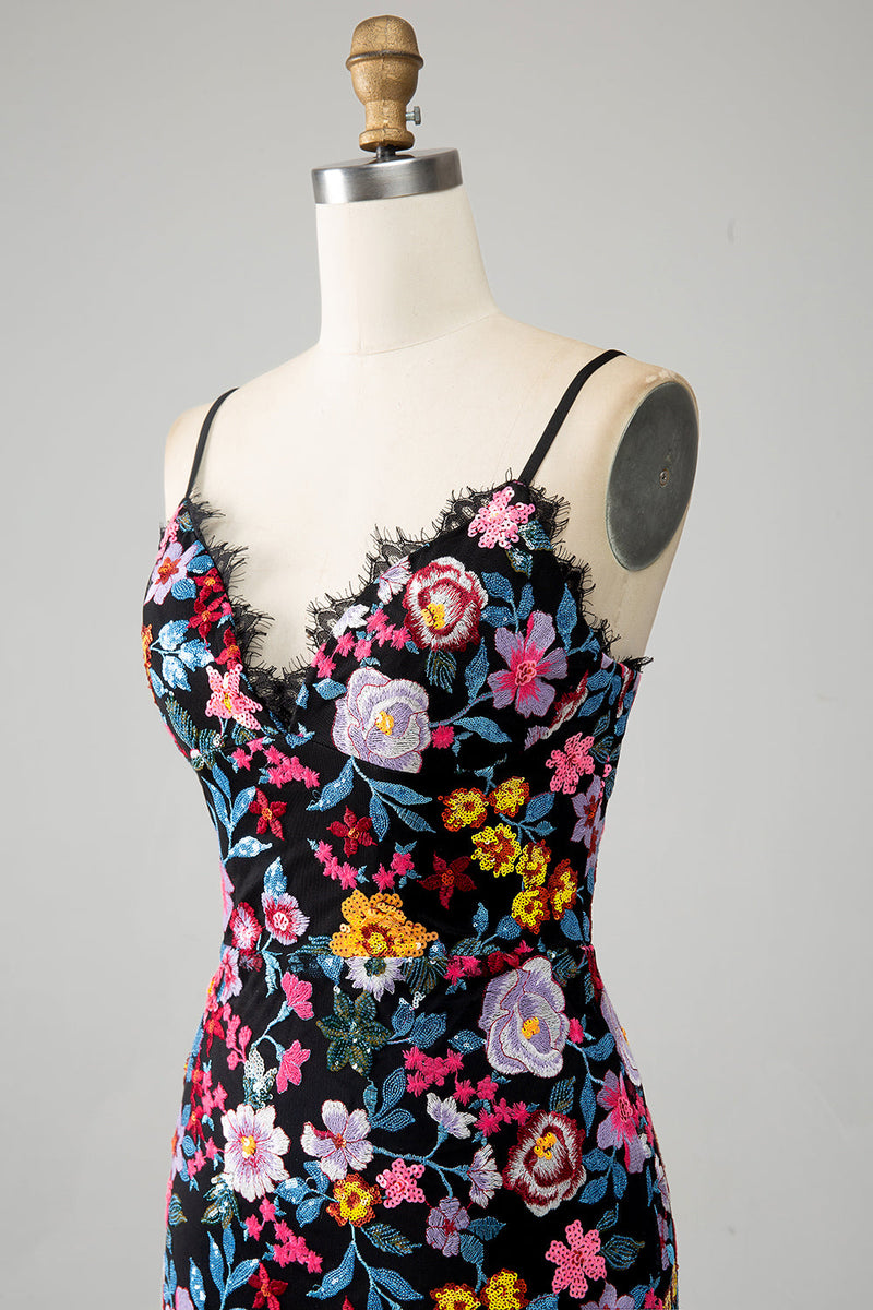 Afbeelding in Gallery-weergave laden, Zwarte bloemen zeemeermin spaghetti bandjes lange prom jurk met borduurwerk