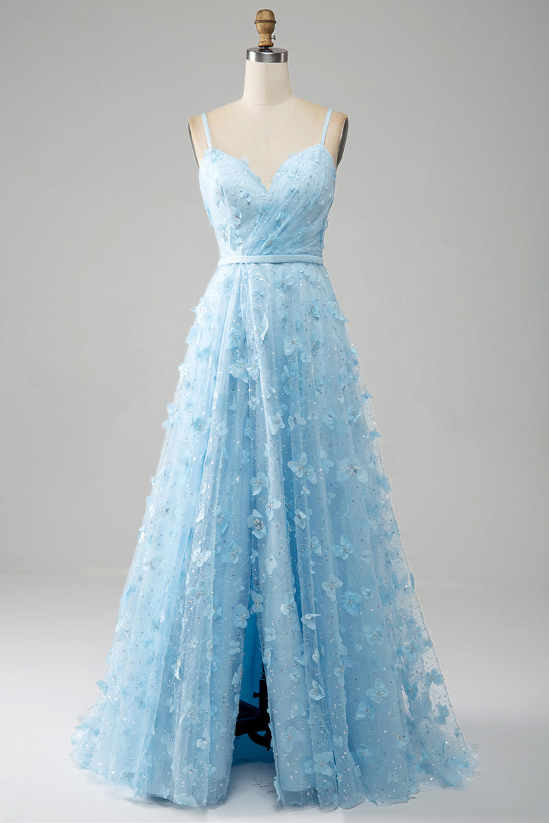 Afbeelding in Gallery-weergave laden, Hemelsblauwe A Line Spaghetti bandjes sprankelende kralen Prom jurk met 3D vlinders