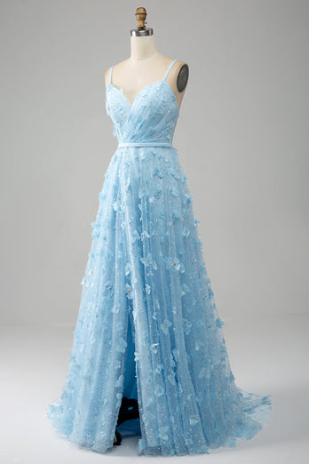Hemelsblauwe A Line Spaghetti bandjes sprankelende kralen Prom jurk met 3D vlinders