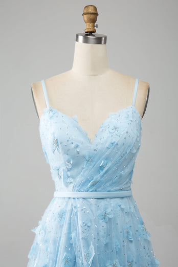 Hemelsblauwe A Line Spaghetti bandjes sprankelende kralen Prom jurk met 3D vlinders