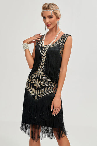 Zwarte Gatsby jaren 1920 Flapper jurk met pailletten en franjes