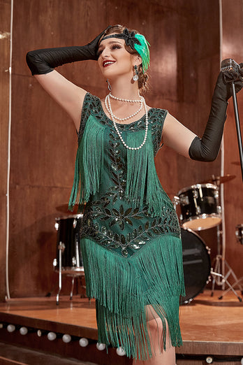Blauwe Abrikoos Gatsby jaren 1920 jurk met pailletten en franjes