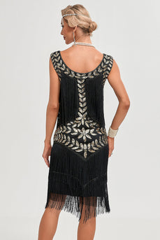 Zwarte Gatsby jaren 1920 Flapper jurk met pailletten en franjes