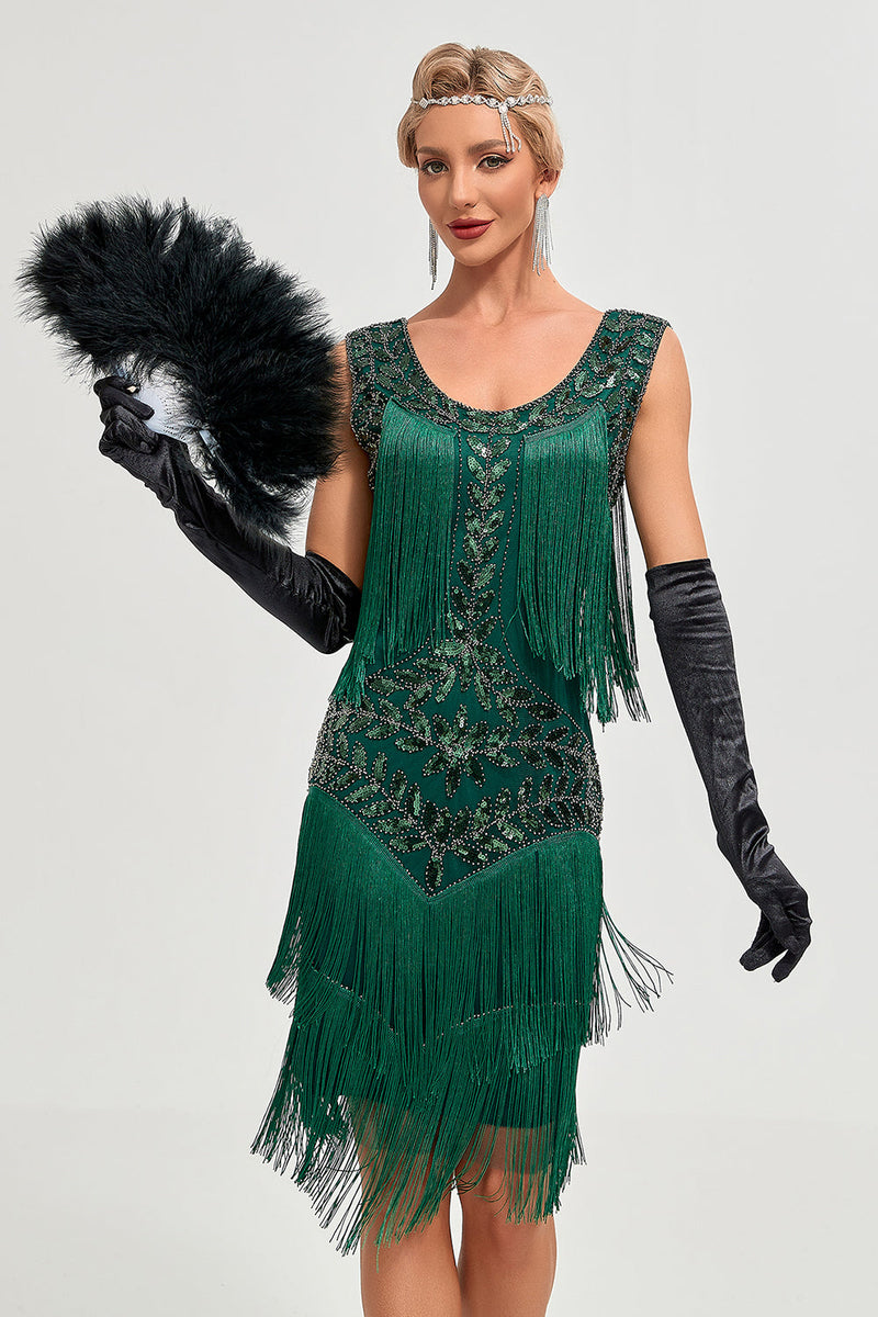 Afbeelding in Gallery-weergave laden, Zwarte Gatsby jaren 1920 Flapper jurk met pailletten en franjes